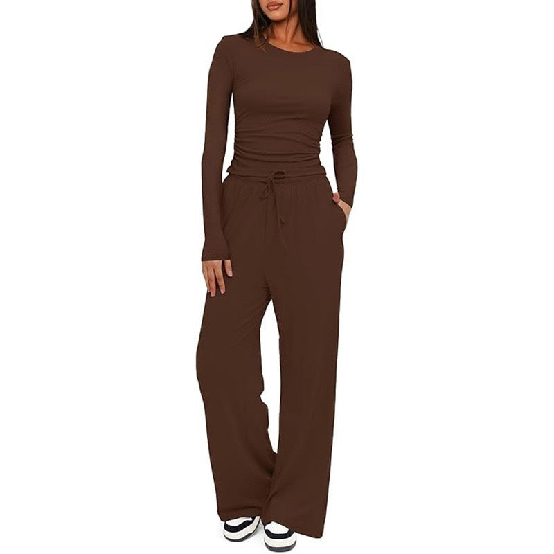 New 2 Pieces Women's Suit Autumn Winte Long Sleeve Tops High Waisted Wide Leg Pants Sportswear Female Clothes Solid Color Casual Suit