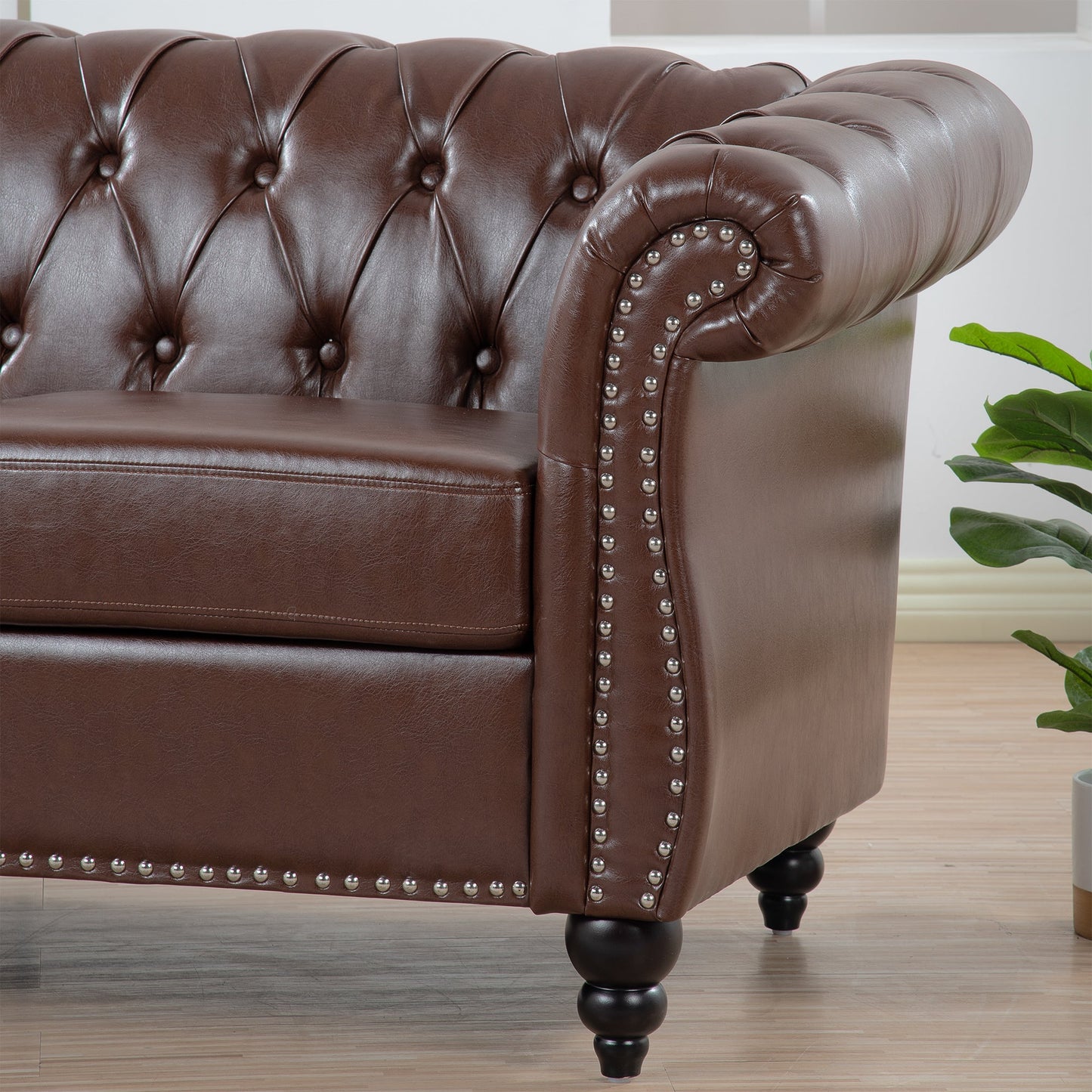 NEW Dark Brown PU Rolled Arm Chesterfield Three Seater Sofa