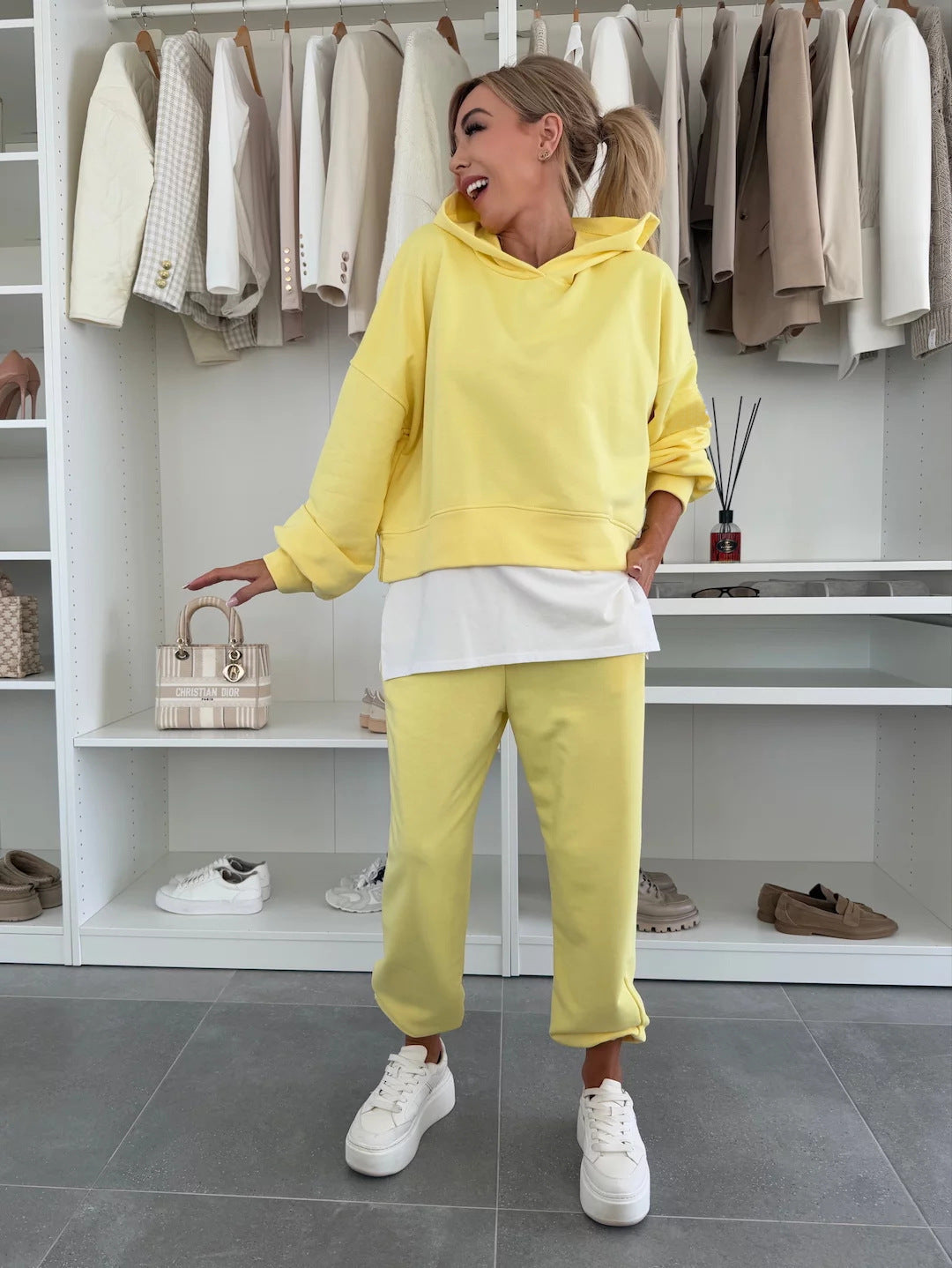 NEW Hooded Sweatshirt Suit Loose Long Sleeve False Two-piece Tops And Jogger Sports Trousers Casual Spots Set For Women's Clothing