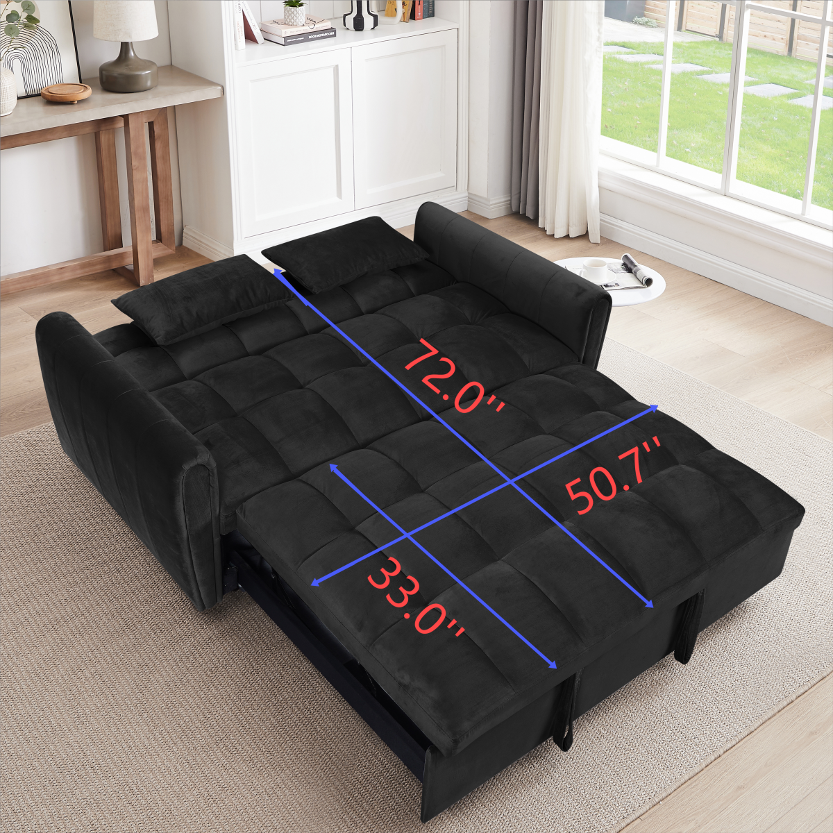 NEW 65 '3-in-1 foldable large size sofa bed, modern velvet double sofa, sofa bed with adjustable back, storage bag and pillow, suitable for living room, bedroom (biack)