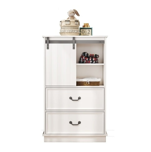 NEW 51'' Farmhouse Drawer Chest With Sliding Door, Multi-Storage Drawer Dresser With 5 Drawers And Storage Shelf, Tall Chest Of Drawers With Adjustable Shelves For Bedroom, Living Room