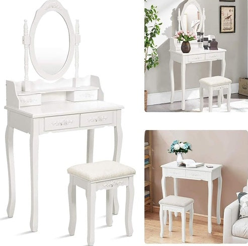 NEW Vanity Table Set With 4 Drawer, Makeup Dressing Table W Cushioned Stool, Girls Women Bedroom Furniture Set Oval Mirror