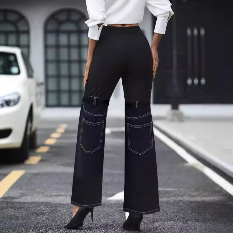 NEW Fashion Slim Knit Denim Stitching Elastic Waist