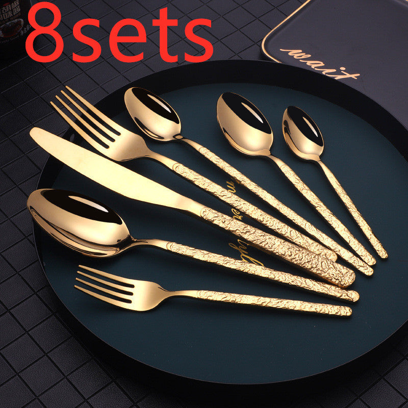 NEW Embossed Black Rose Gold Textured Handle Steak Western Spoon Knife Fork Dinnerware Tableware Set