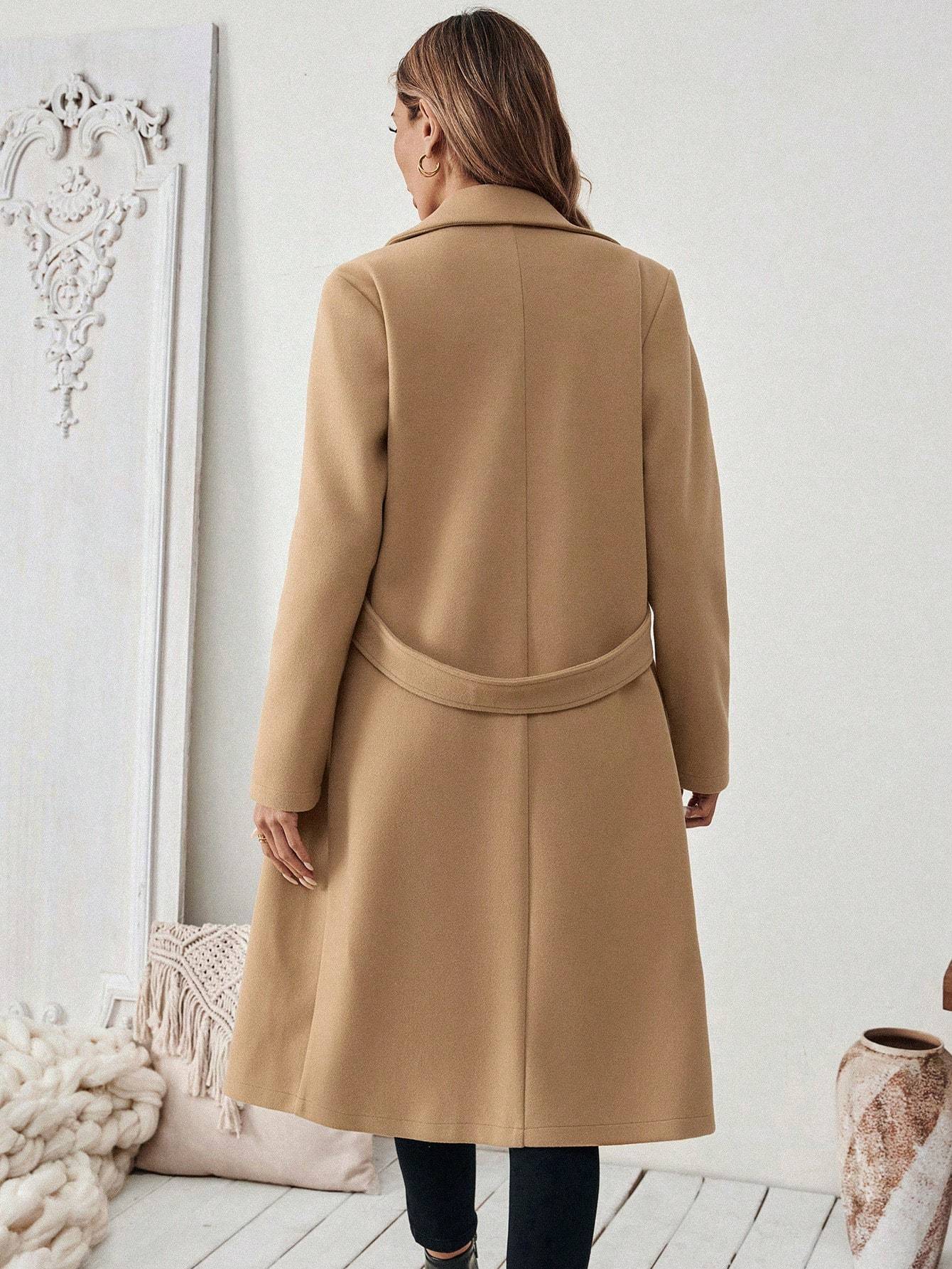 New Flat Collar Solid Color Pocket With Belt Long Sleeve Autumn Winter Coat Jacket