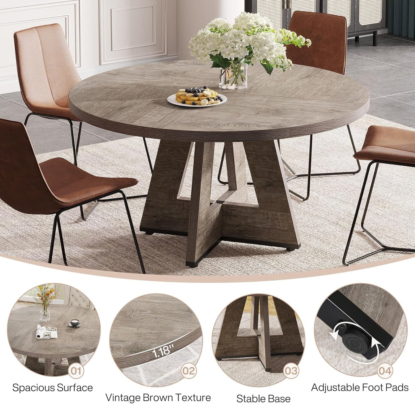 NEW 47 Inch Round Farmhouse Dining Table Grey For Four