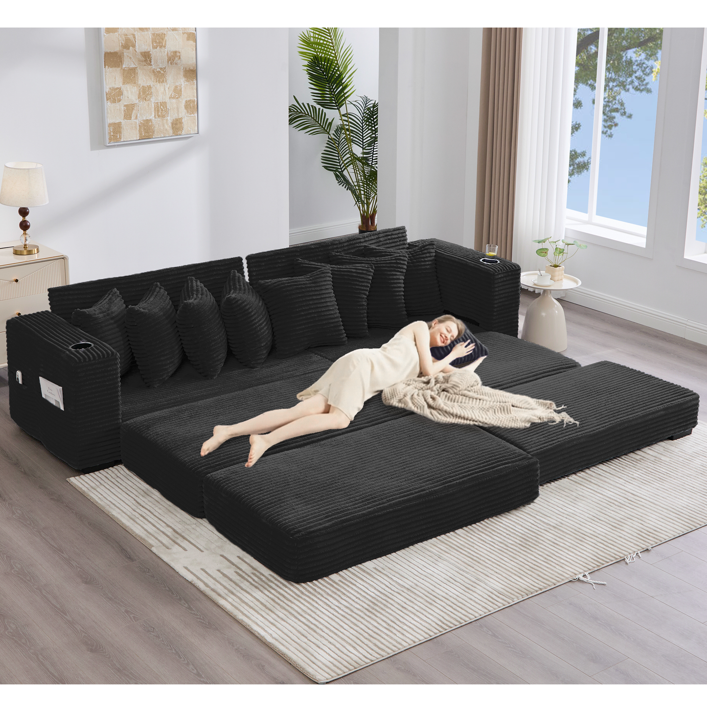 NEW Modular L Shaped Black Corduroy Fabric Sectional Sofa Couch