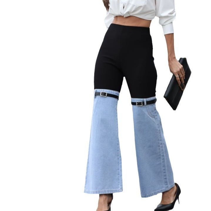 NEW Fashion Slim Knit Denim Stitching Elastic Waist