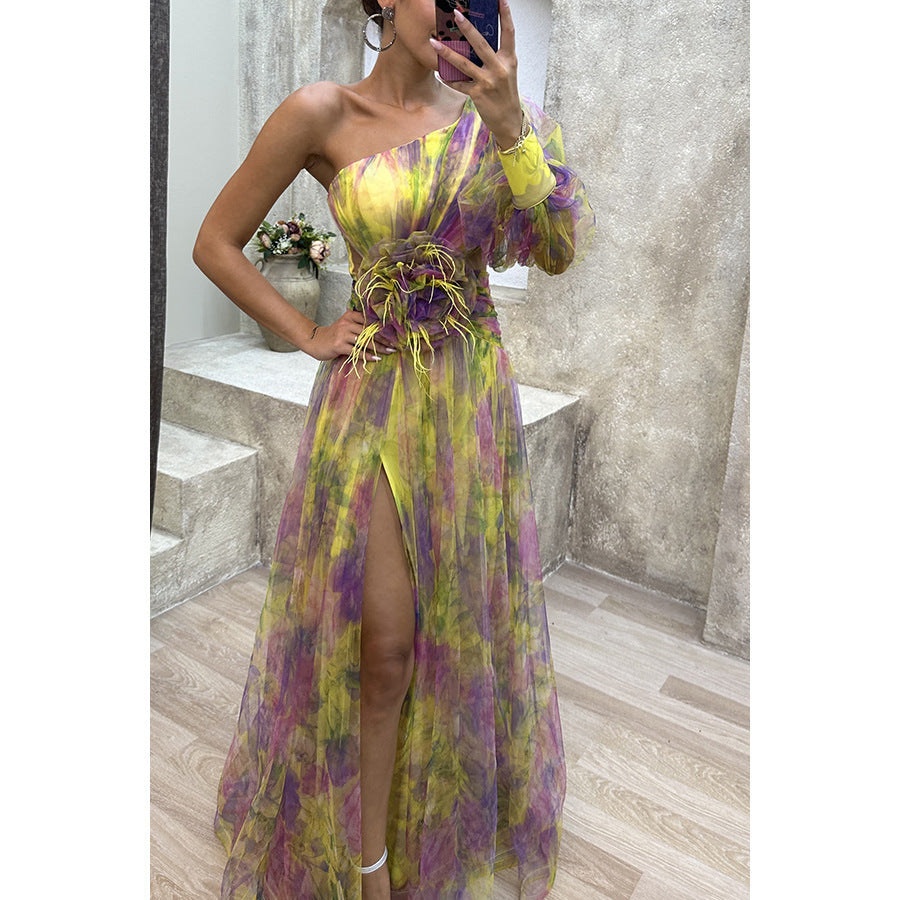 New Mesh Tie-dye Printed Off-shoulder Slit Dress Summer INS Fashion Long Dress Party Womens Clothing