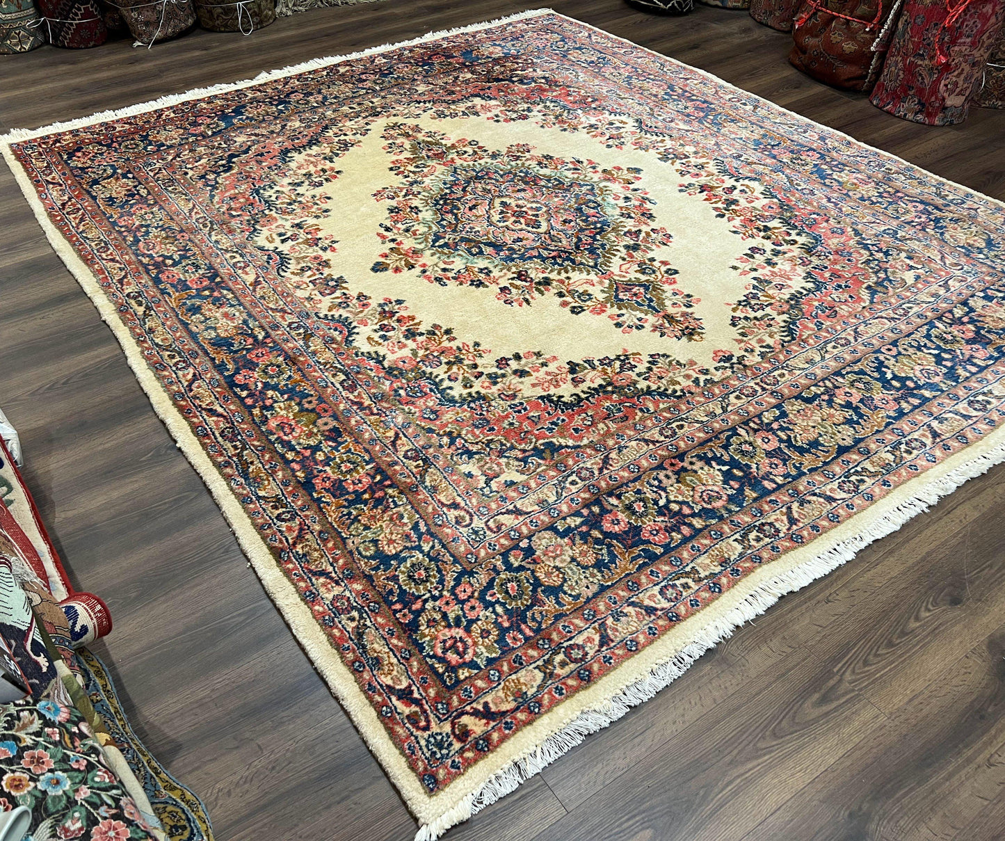 USED Persian Rug 9x10, Hamadan Rug, Antique Oriental Carpet, Wool Rug, Semi Open Field, Cream and Navy Blue, Kirman Design Hand Knotted Almost Square Rug