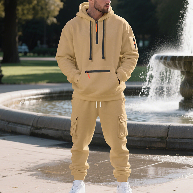 New Men's Loose Sports And Leisure Suit Sweater Fleece-lined Hoodie Set Zipper Multi-Pocket Pullover Men's Sports Casual Top Two-piece Set