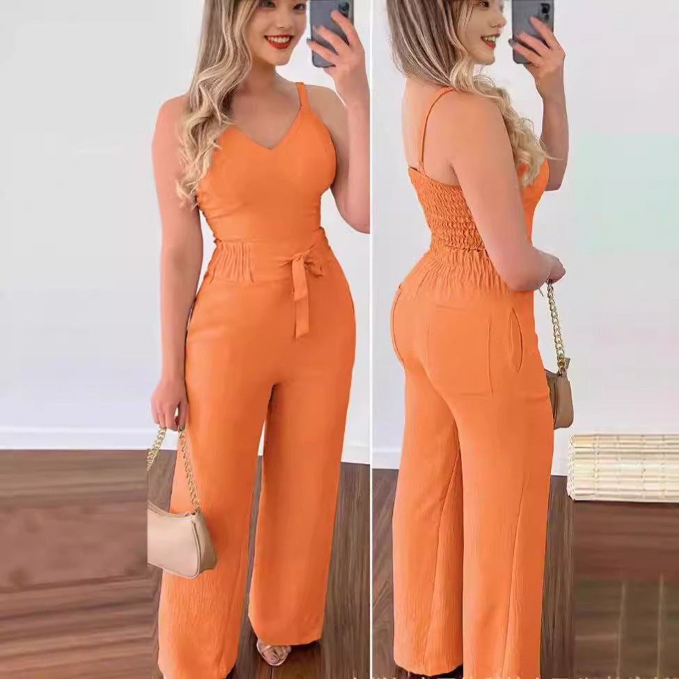 NEW Women's Solid Color Slim Elastic Pleated Two-Piece Suit Sexy Spaghetti Strap V-neck Backless Vest High Waist Wide Leg Pants Suit