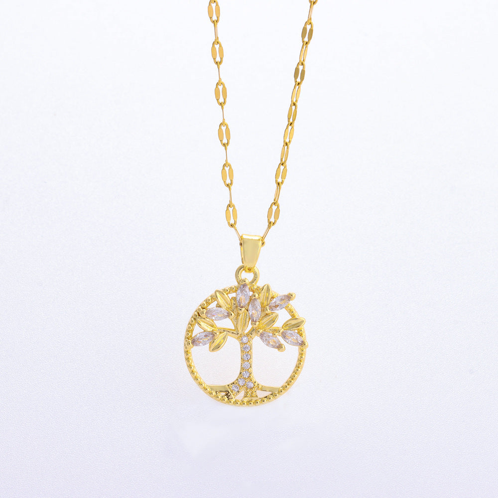 NEW Retro Casual Copper Inlaid Zircon Gold Plated Tree Of Life Pendant