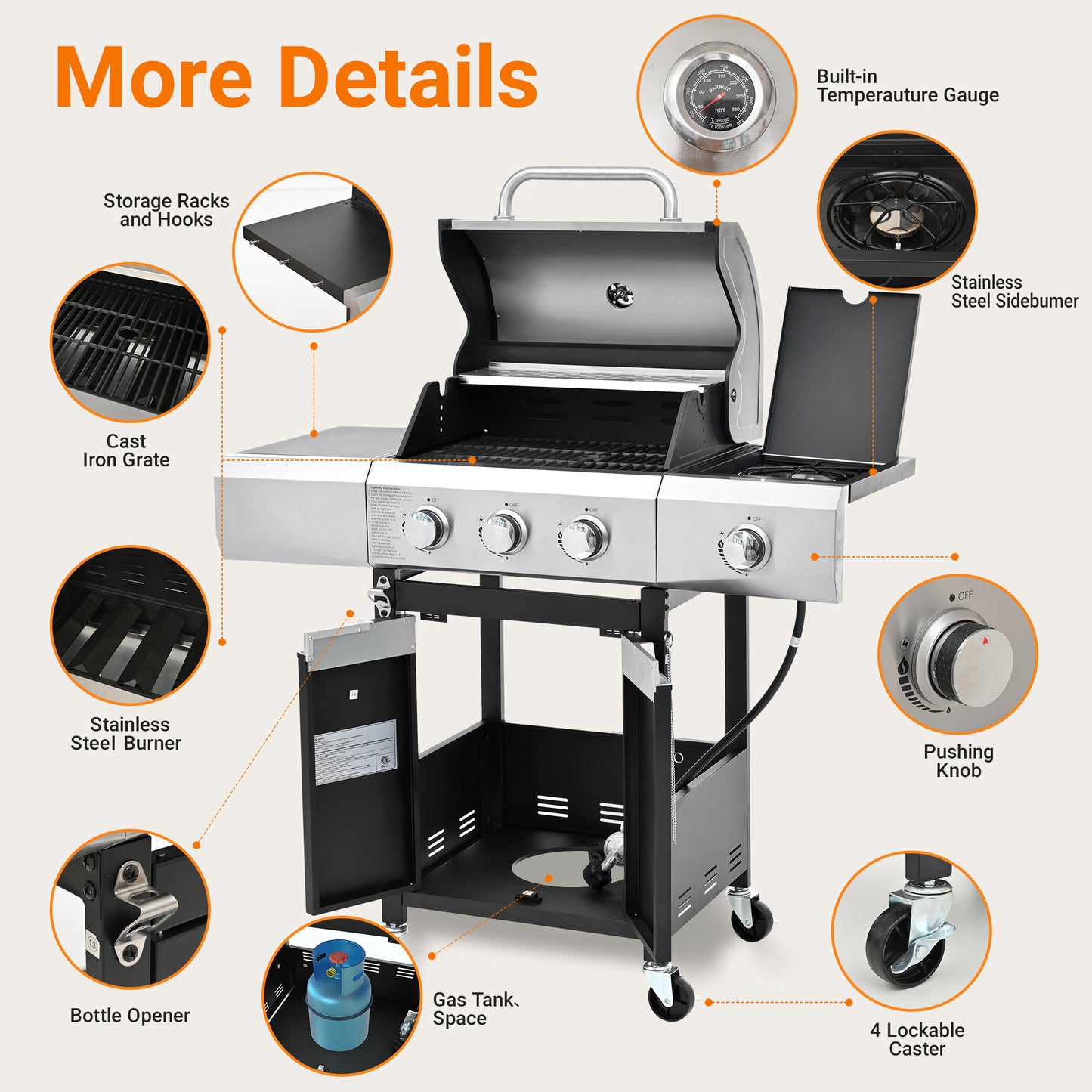NEW Outdoor BBQ Burner Grill Stainless Steel Gas Grill With Side Stove And Lid