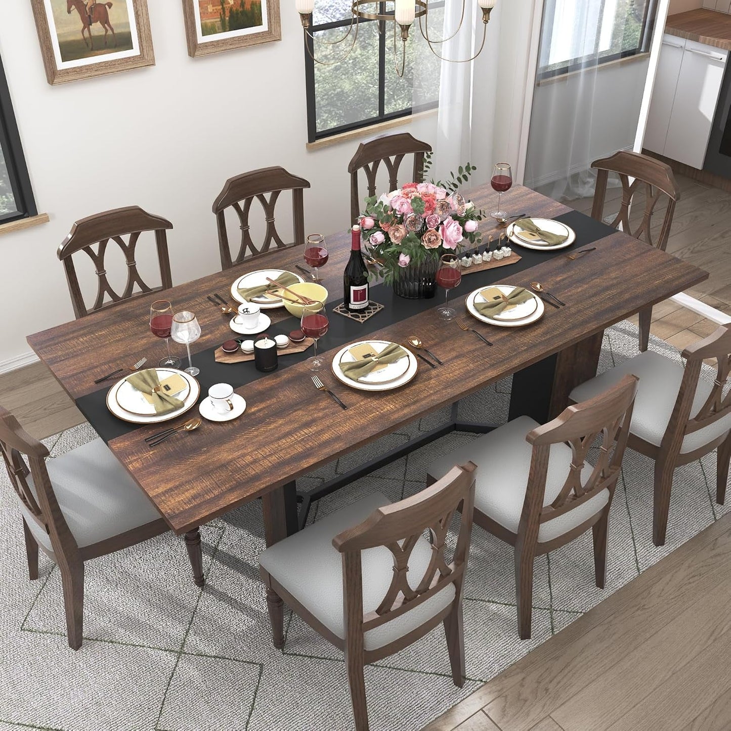 NEW 71In Large Rectangular Dining Table With Brown Tabletop