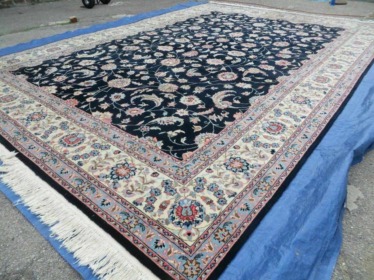 USED Large Indo Persian Rug 10x14, Wool Hand-Knotted Carpet, Navy Blue Ivory
