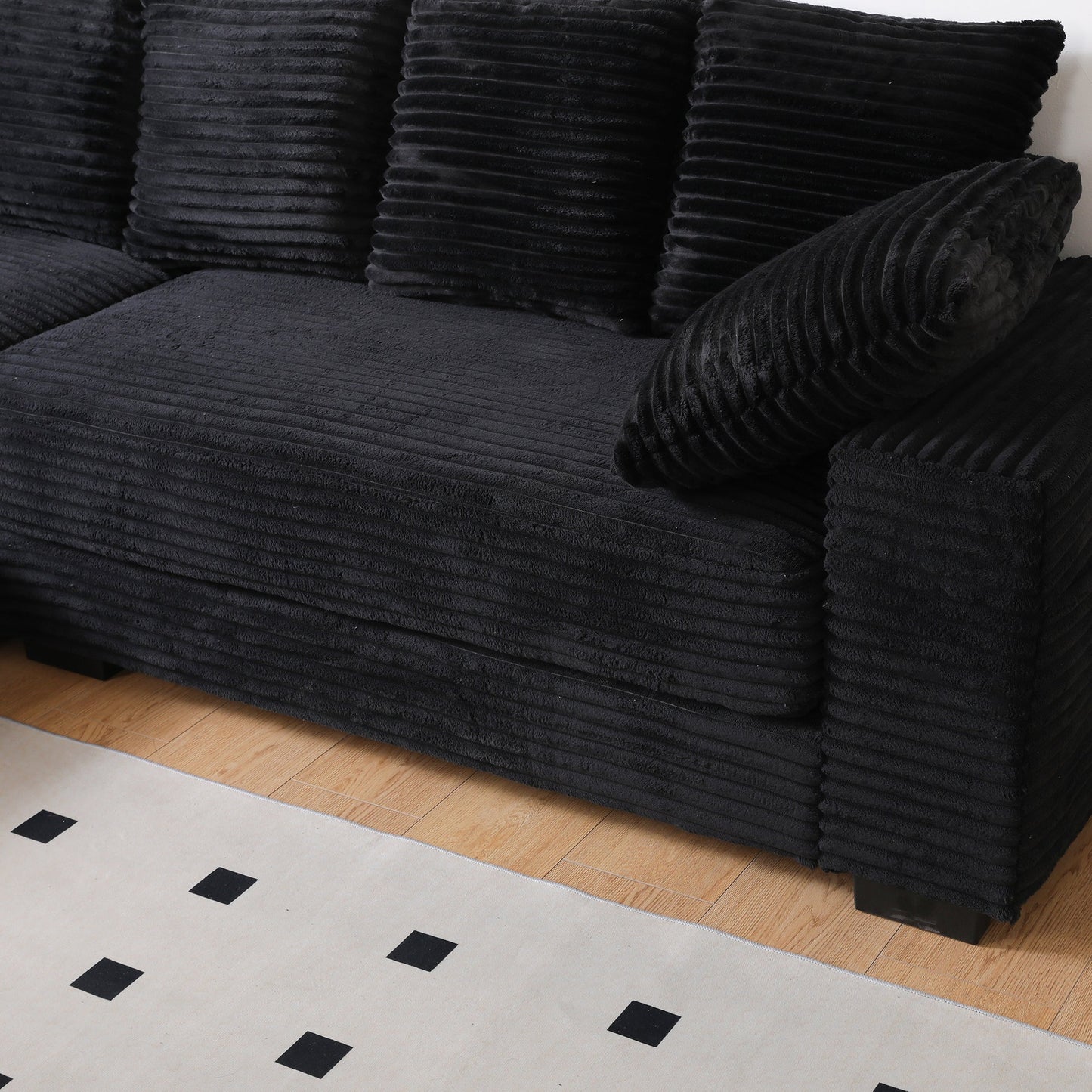 NEW 108.6' Black Thickened Corduroy L-shaped Chaise Sectional Sofa Couch with Storage Ottoman Eight Throw Pillows