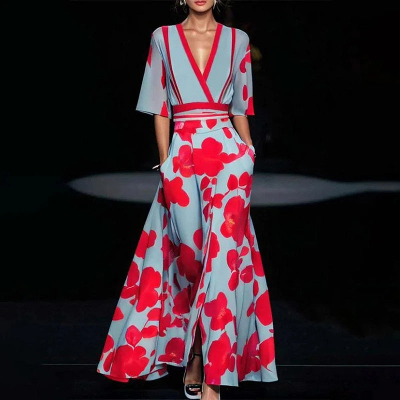 NEW Summer V-neck Split Short-sleeved Dress Fashion Flower Print A-line Long Dresses Party Club Beach Clothing For Women