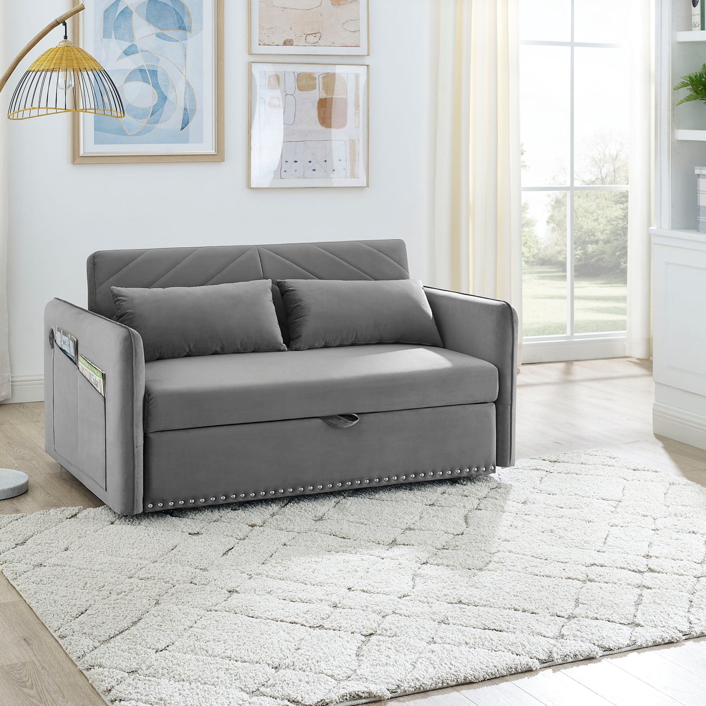 NEW MH' Sleeper Sofa Bed w/USB Port 3-in-1 Adjustable Sleeper with Pull-Out Bed 2 Lumbar Pillows