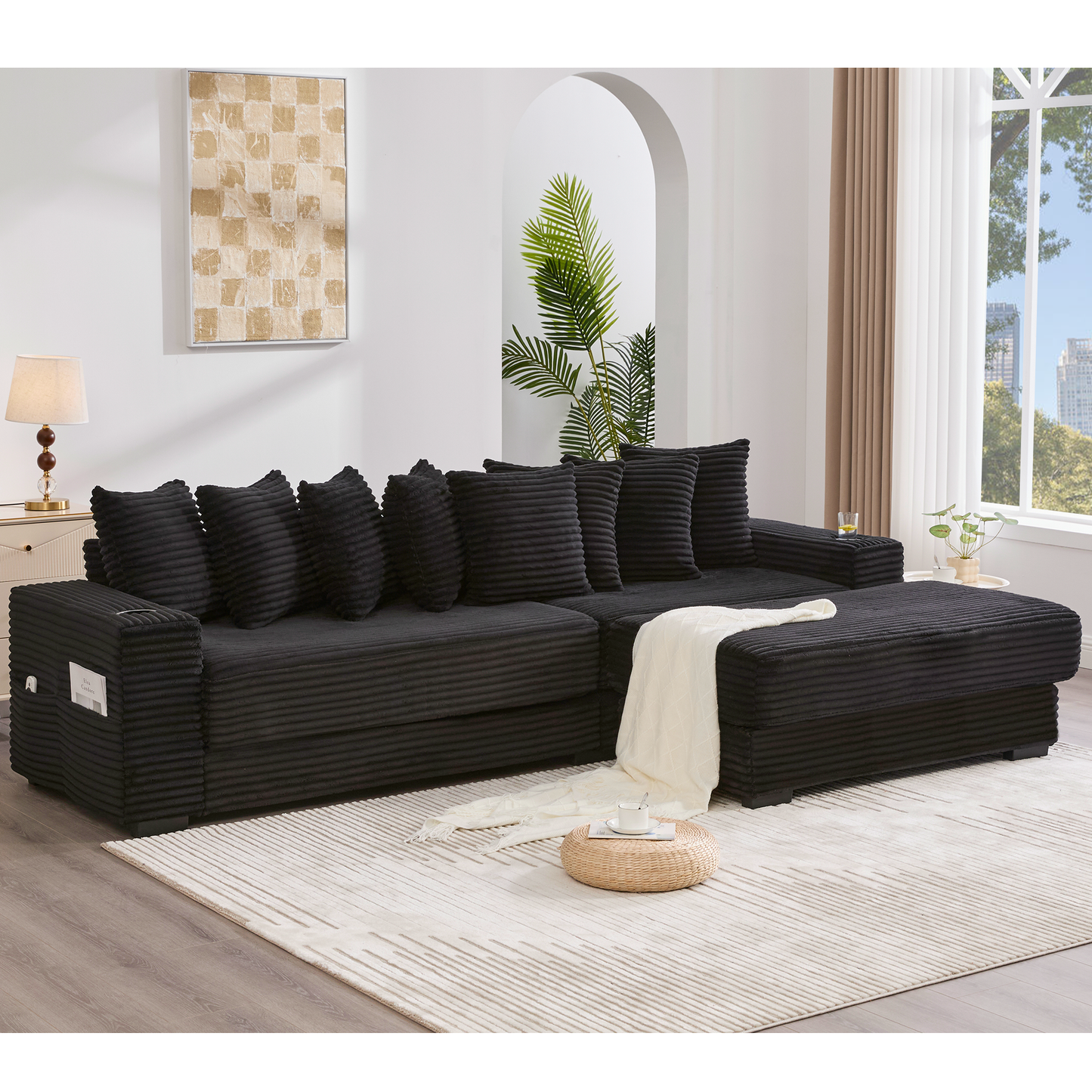 NEW Modular L Shaped Black Corduroy Fabric Sectional Sofa Couch