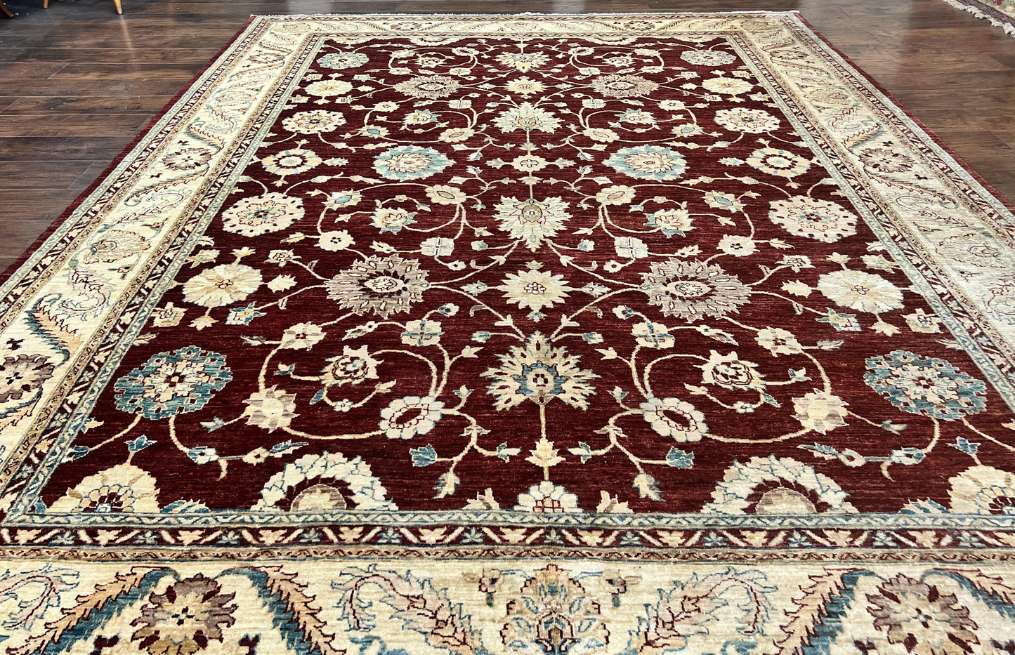 USED Peshawar Rug 9x11, Pakistani Oriental Carpet, Maroon and Beige, Floral Allover, Wool Hand Knotted Handmade Vintage Rug