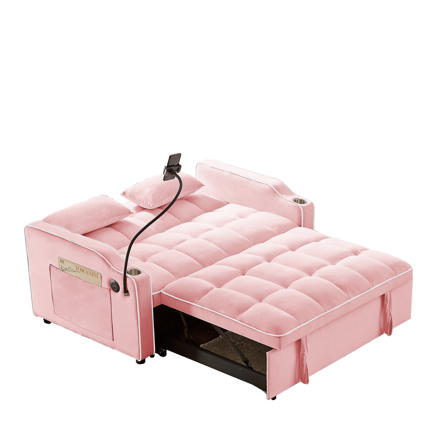 NEW 1 versatile foldable sofa bed in 3 lengths, modern sofa sofa sofa velvet pull-out bed, adjustable back and with USB port and ashtray and swivel phone stand (pink)