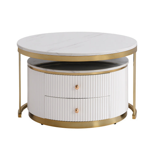 NEW Modern 2-piece White Circular Nested Coffee Table With Drawers, 27.6 Inches