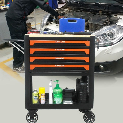 NEW Black Orange 4 Drawer Multi-Functional Tool Cart with Wheels and Wooden Top