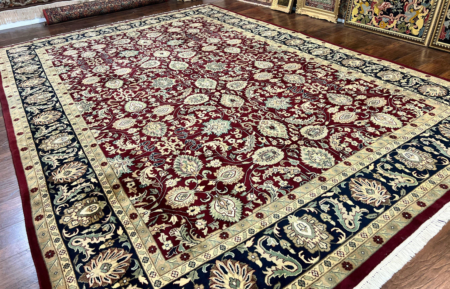 USED Indo Persian Rug 10x14, Floral Allover, Maroon, Handmade Hand Knotted VIntage Wool Rug, Large Oriental Carpet
