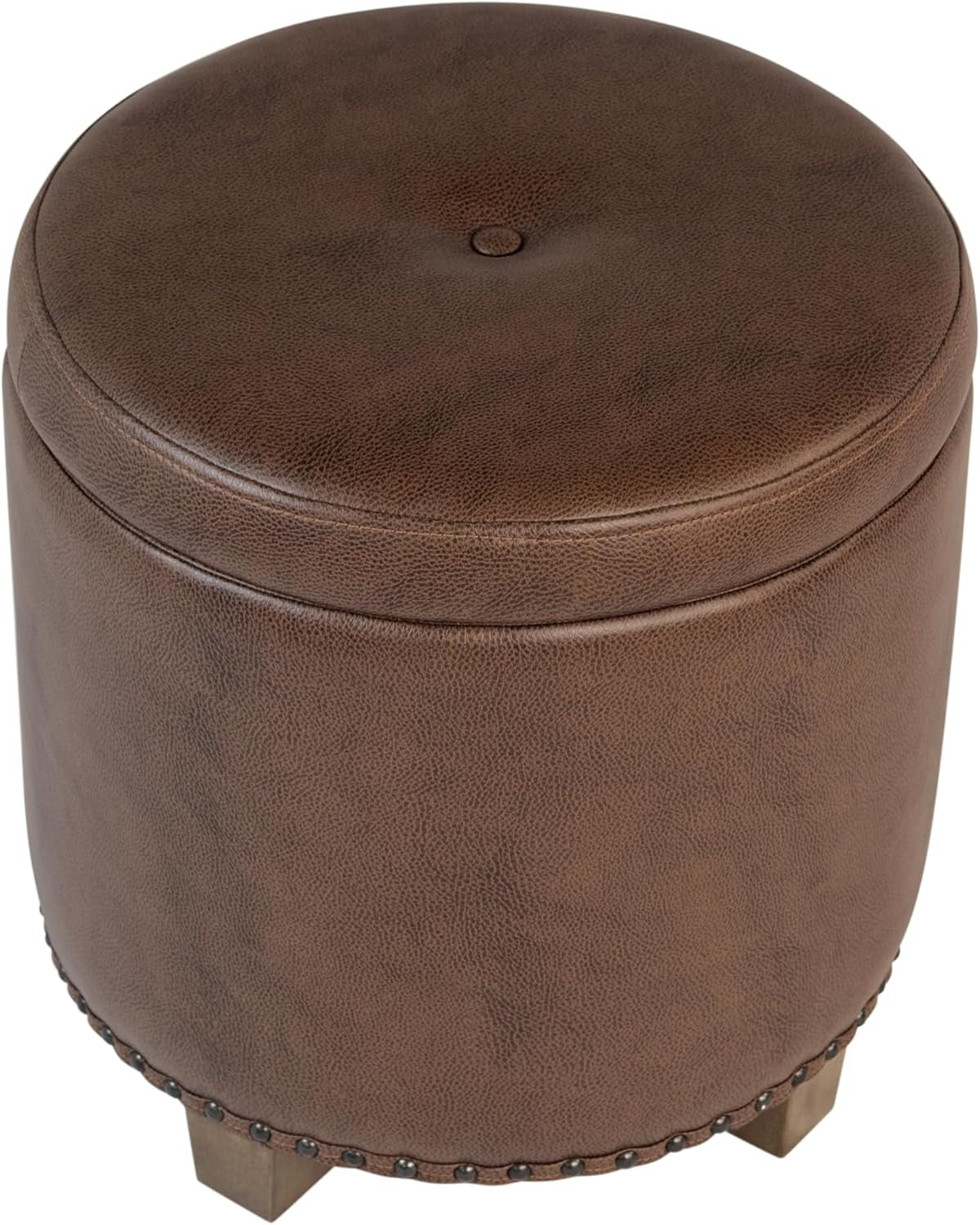 NEW Round Storage Ottoman With Nailhead-Trim Brown Faux Leather
