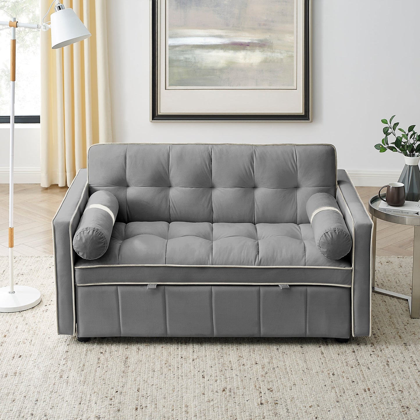 NEW Modern 55.5' Pull Out Sleep SofaBed 2 Seater Loveseat Sofa Couch with Side Pockets and Adjustable Backrest