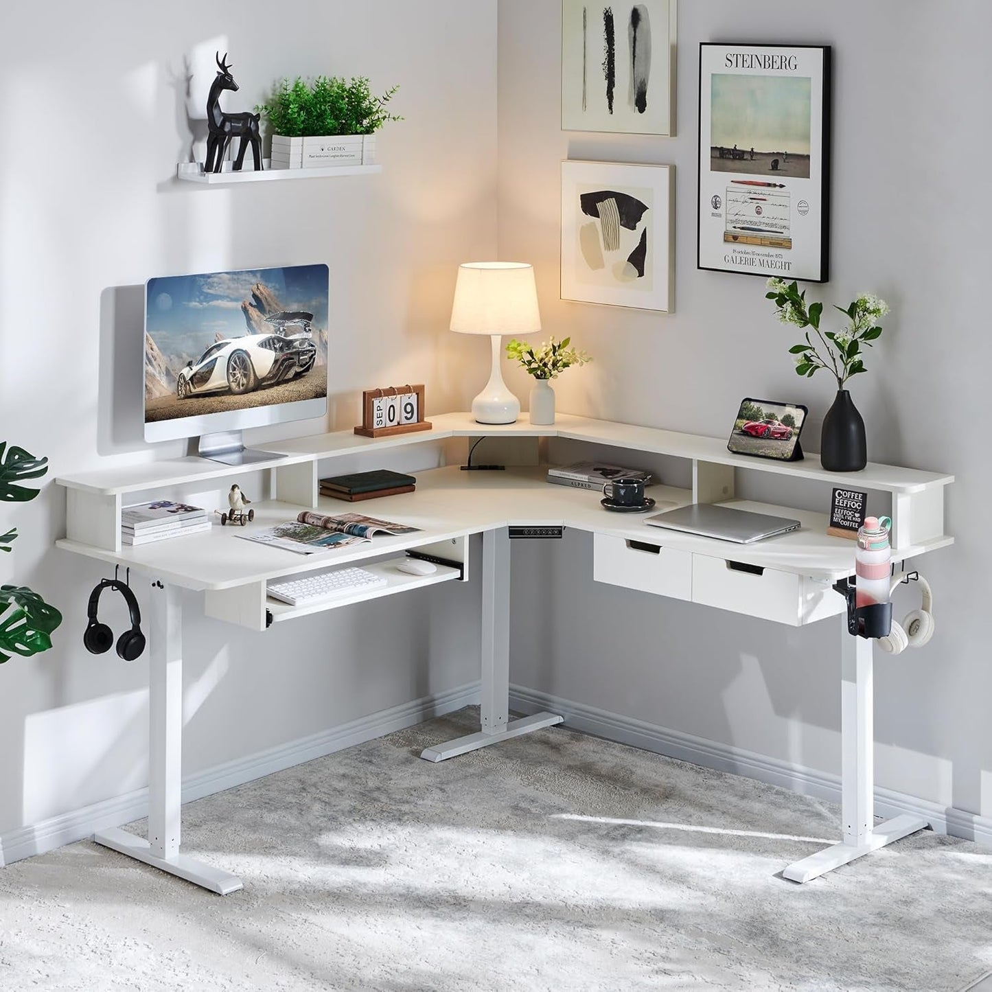 NEW 60 Inch L Shaped Electric Standing Desk Antique White