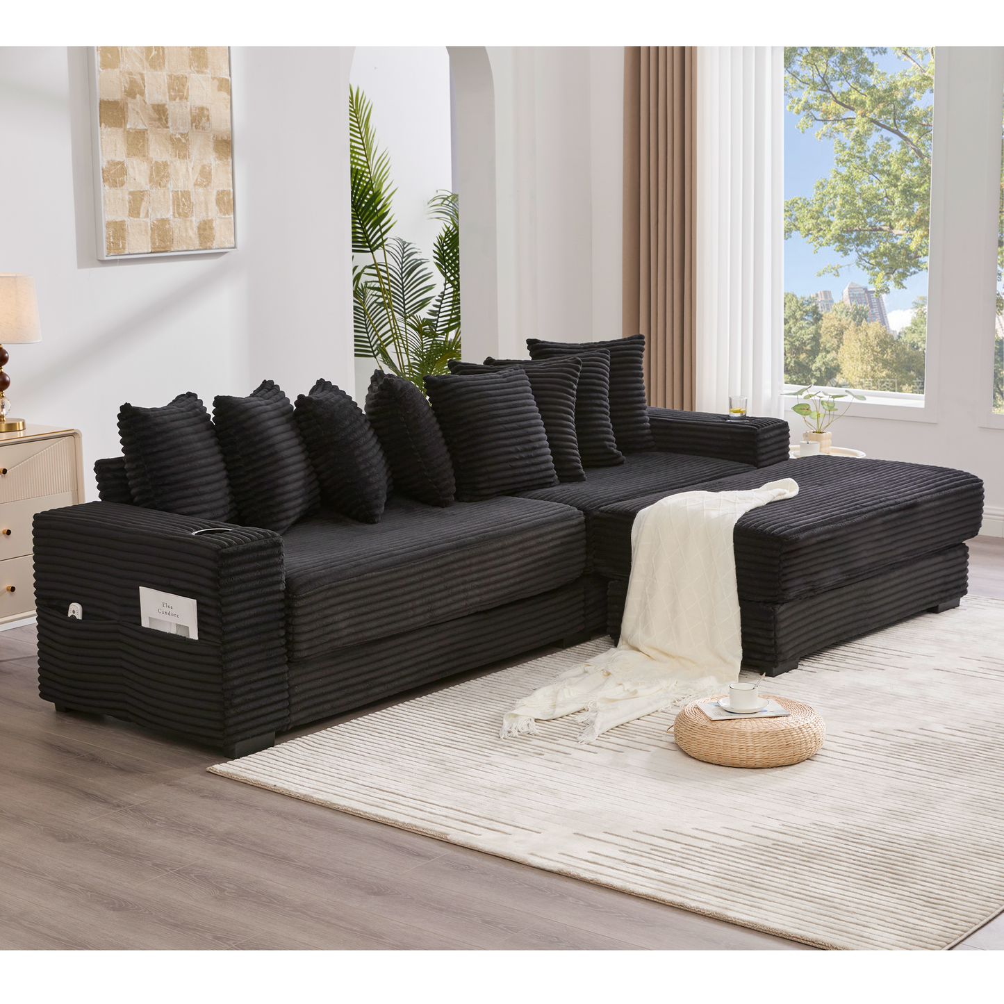 NEW Modular L Shaped Black Corduroy Fabric Sectional Sofa Couch