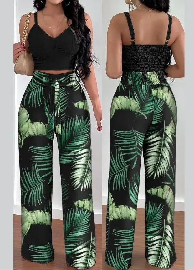 NEW Women's Solid Color Slim Elastic Pleated Two-Piece Suit Sexy Spaghetti Strap V-neck Backless Vest High Waist Wide Leg Pants Suit