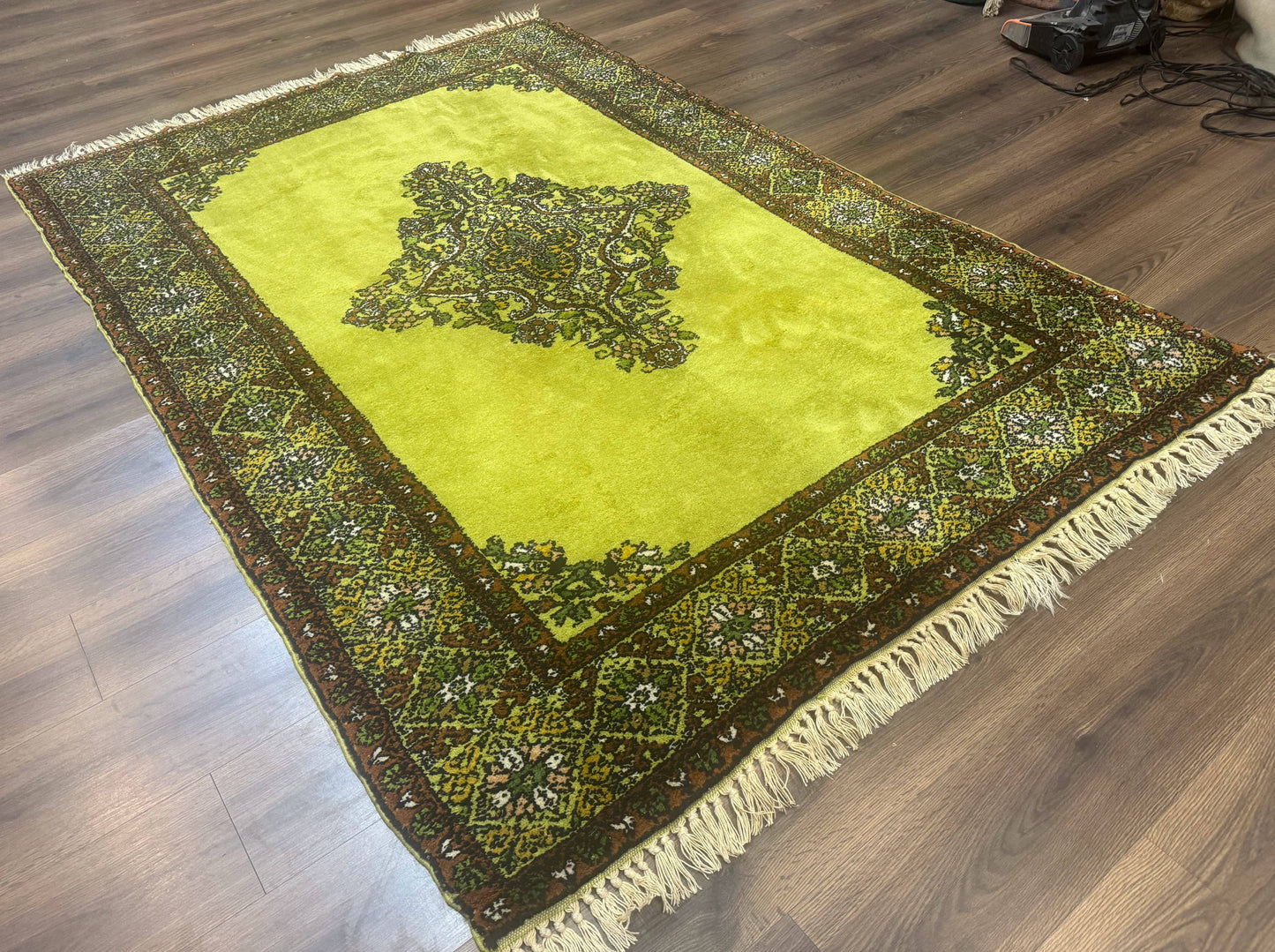 USED Moroccan Rug 6x8, Semi Open Field, Vintage, Lime Green, Wool Carpet