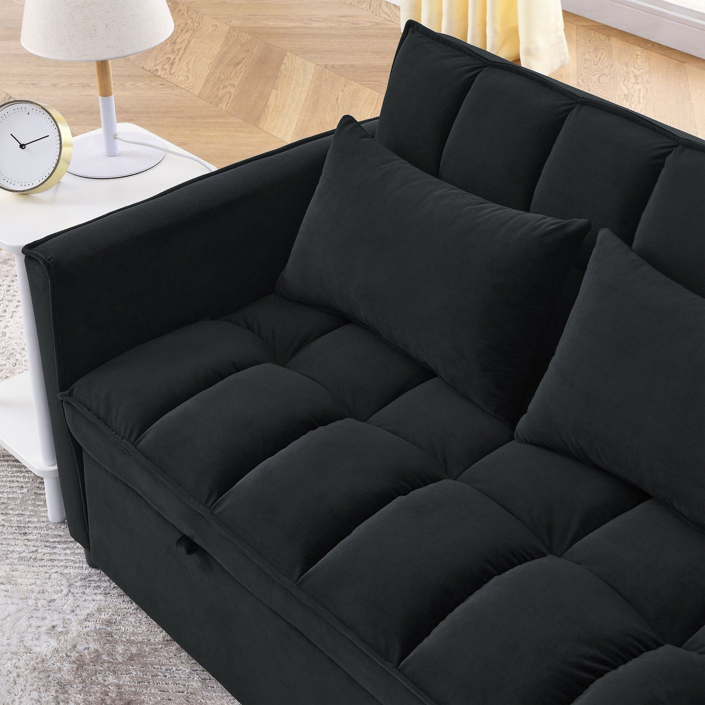 NEW Velvet Black Sleeper Convertible Sofa Recliner Bed 3-in-1 Adjustable Backrest 2-Seater