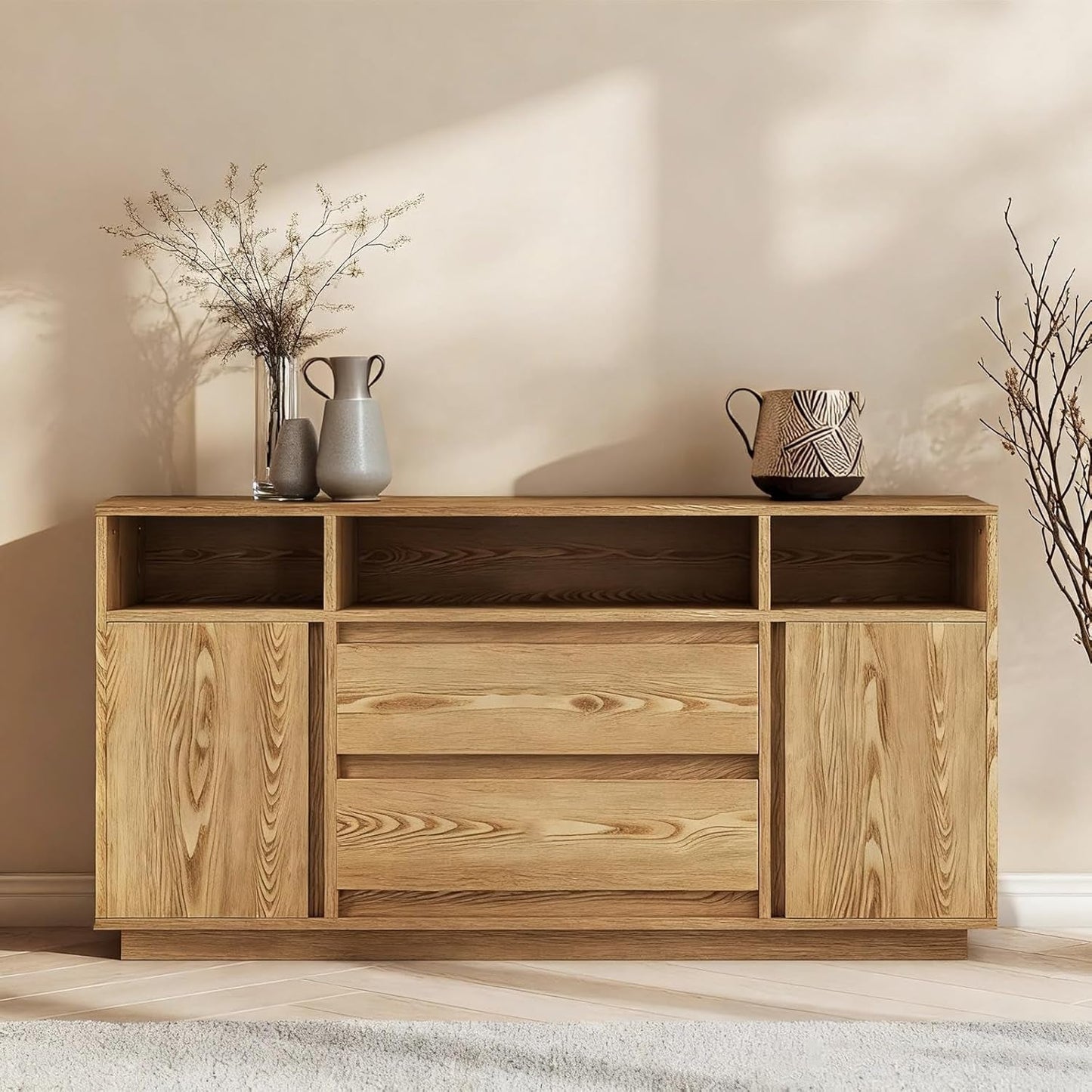 NEW 63 Inch Natural Solid Wood Sideboard With Drawers Storage