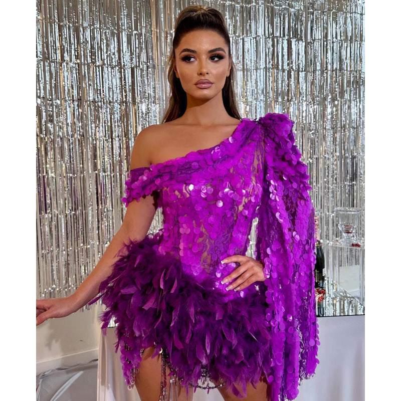 New Purple Sequined Feather Skirt One-shoulder Sleeve Short Dress Luxury Party Stage Performance Dress