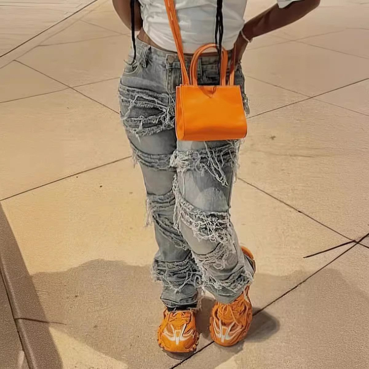 NEW Laminated Ripped Washed Straight Tassle Fashion Casual Jeans