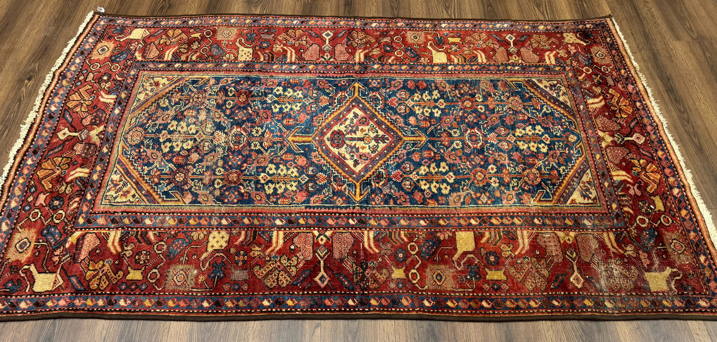 USED Antique Persian Rug 4x7, Blue and Red Malayer Carpet, Rare