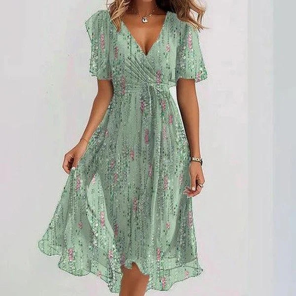 New Chiffon Printed Short Sleeve Dress Summer Elegant V-neck Dresses Womens Clothing