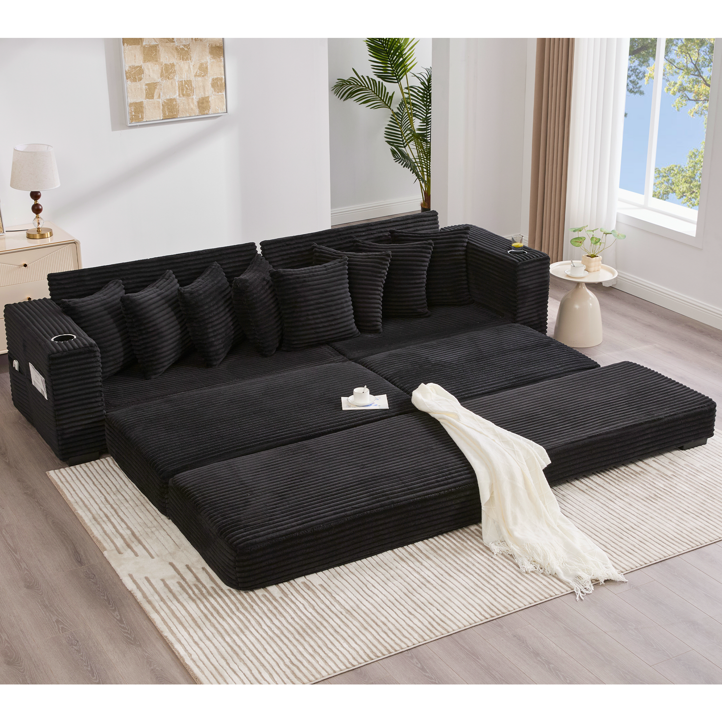 NEW Modular L Shaped Black Corduroy Fabric Sectional Sofa Couch