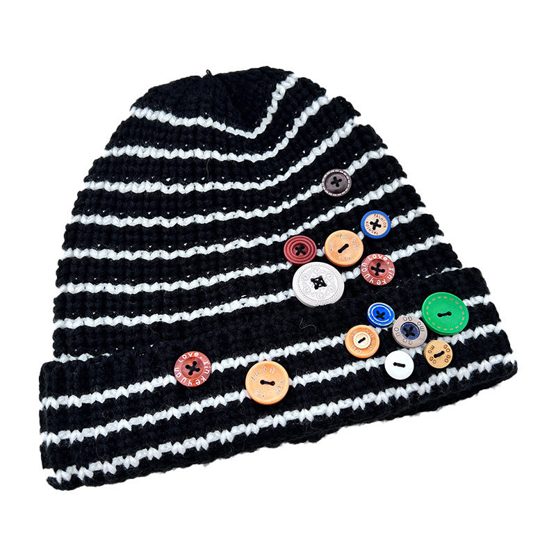 NEW Autumn And Winter Buttons Knitted Hat Warm Ear Protection All-match And Cute Pile Heap Cap