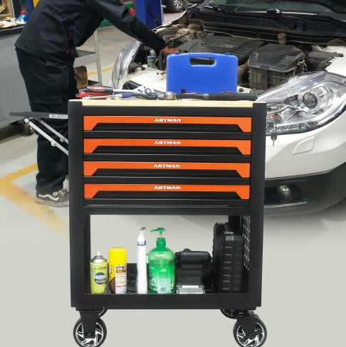 NEW Black Orange 4 Drawer Multi-Functional Tool Cart with Wheels and Wooden Top