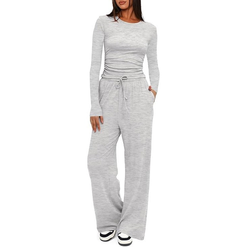 New 2 Pieces Women's Suit Autumn Winte Long Sleeve Tops High Waisted Wide Leg Pants Sportswear Female Clothes Solid Color Casual Suit