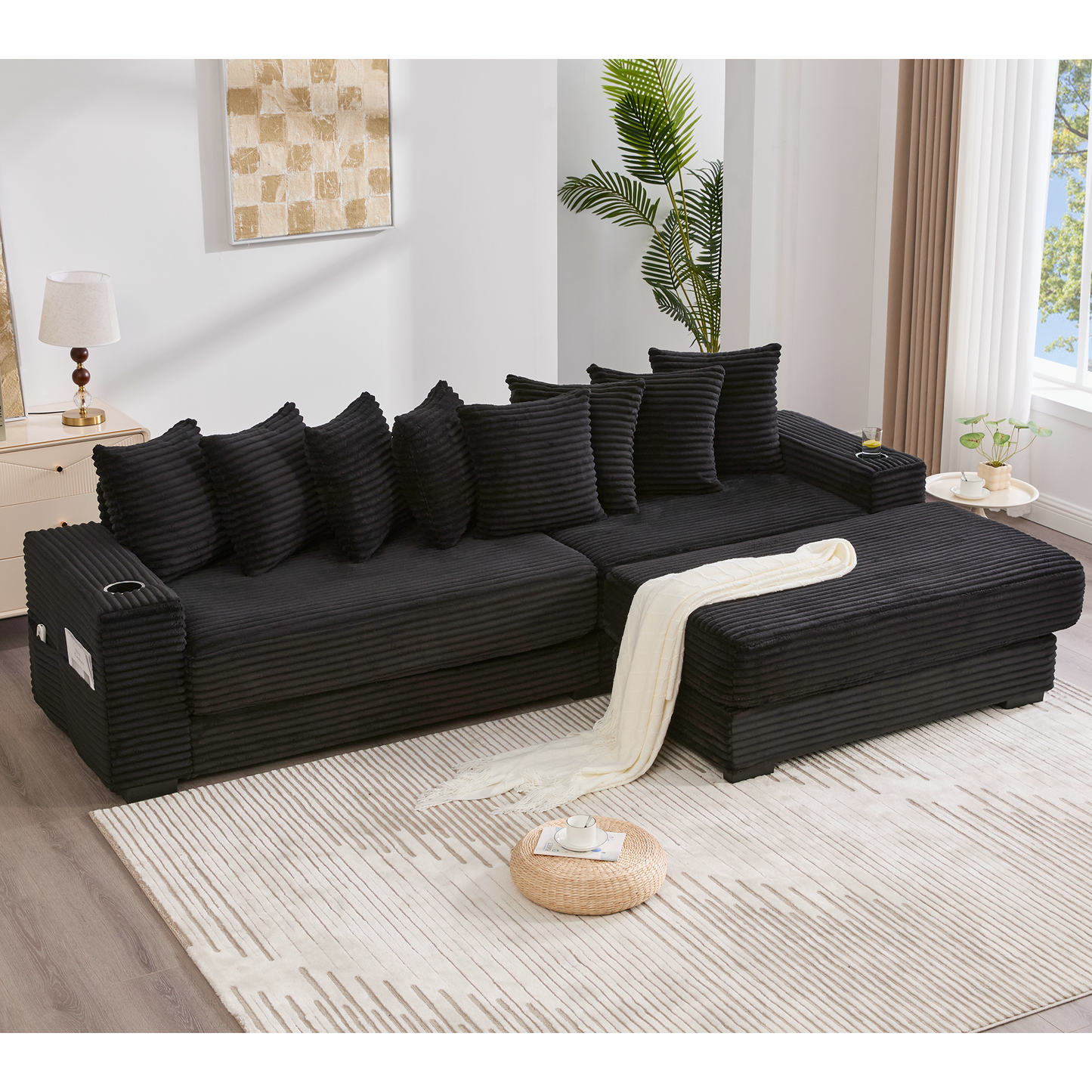 NEW Modular L Shaped Black Corduroy Fabric Sectional Sofa Couch