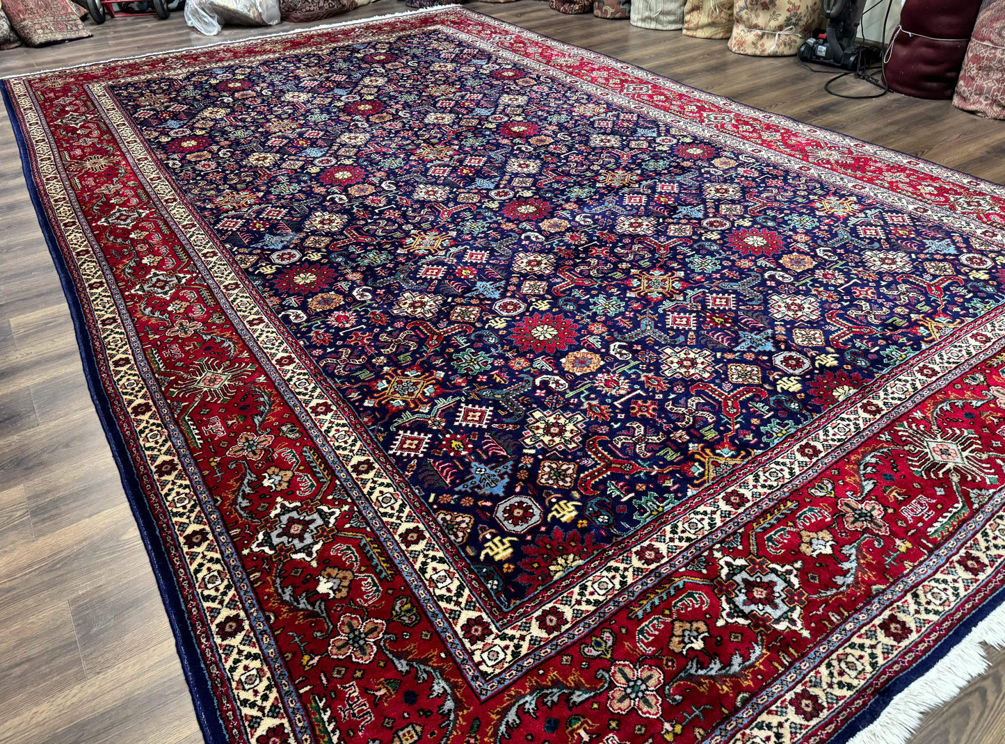 USED Large Persian Tabriz Rug 10x16, Navy Blue and Red, Allover Pattern, Vintage Hand Knotted Wool Carpet
