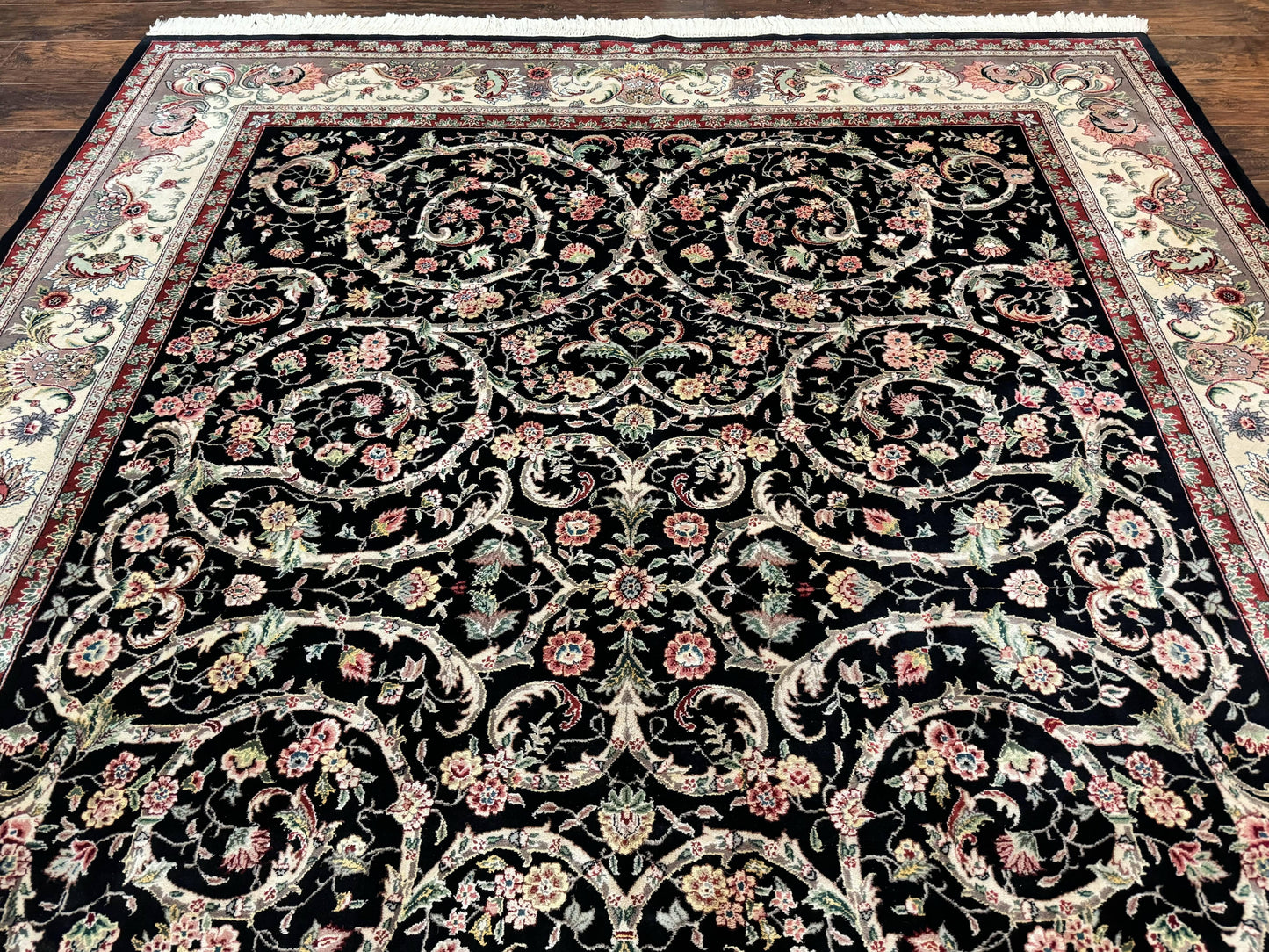 USED Black Pak Persian Rug 8x11, Floral Pattern, Hand Knotted Vintage Wool Rug with Silk Highlights, Fine 200 KPSI