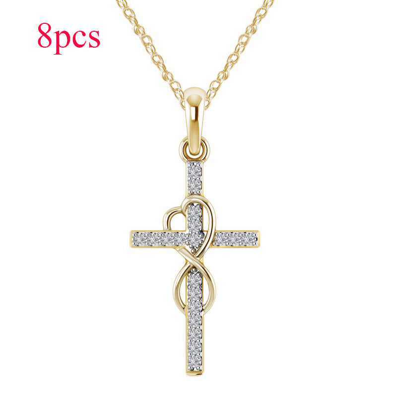 New Alloy Pendant With Diamond And Eight-character Cross Necklace