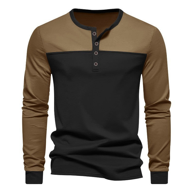 New Retro Trendy Long-sleeve Color Matching Henry Collar Bottoming Shirt Casual T-shirt